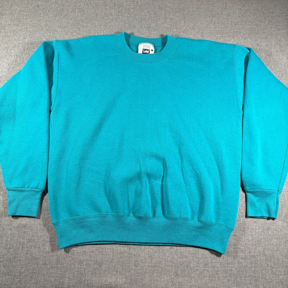 Vintage 90s Lee Fleece Sweatshirt Men Large Teal Heavyweight Crewneck Made USA